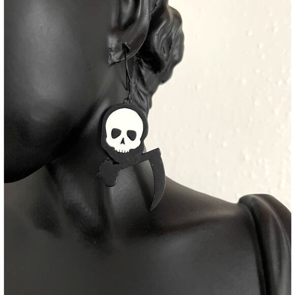 Skull Reaper Black Earrings Womens Halloween Skeleton Punk Rock Gothic Jewelry - Picture 2 of 6